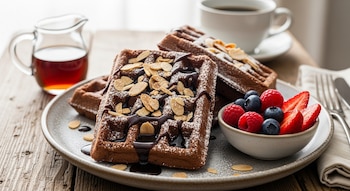 Plato con dos waffles de chocolate, jarabe, almendras y azúcar glas; cuenco con fresas, frambuesas y arándanos; jarra de jarabe y taza de café en mesa de madera
