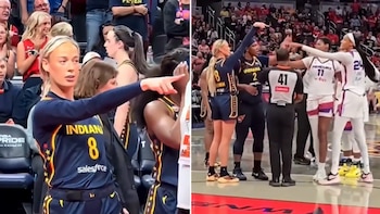 Imagen con dos vistas. Jugadora rubia de baloncesto con camiseta de Indiana 8 señalando. En el lado derecho, varias jugadoras y un árbitro discutiendo en la cancha