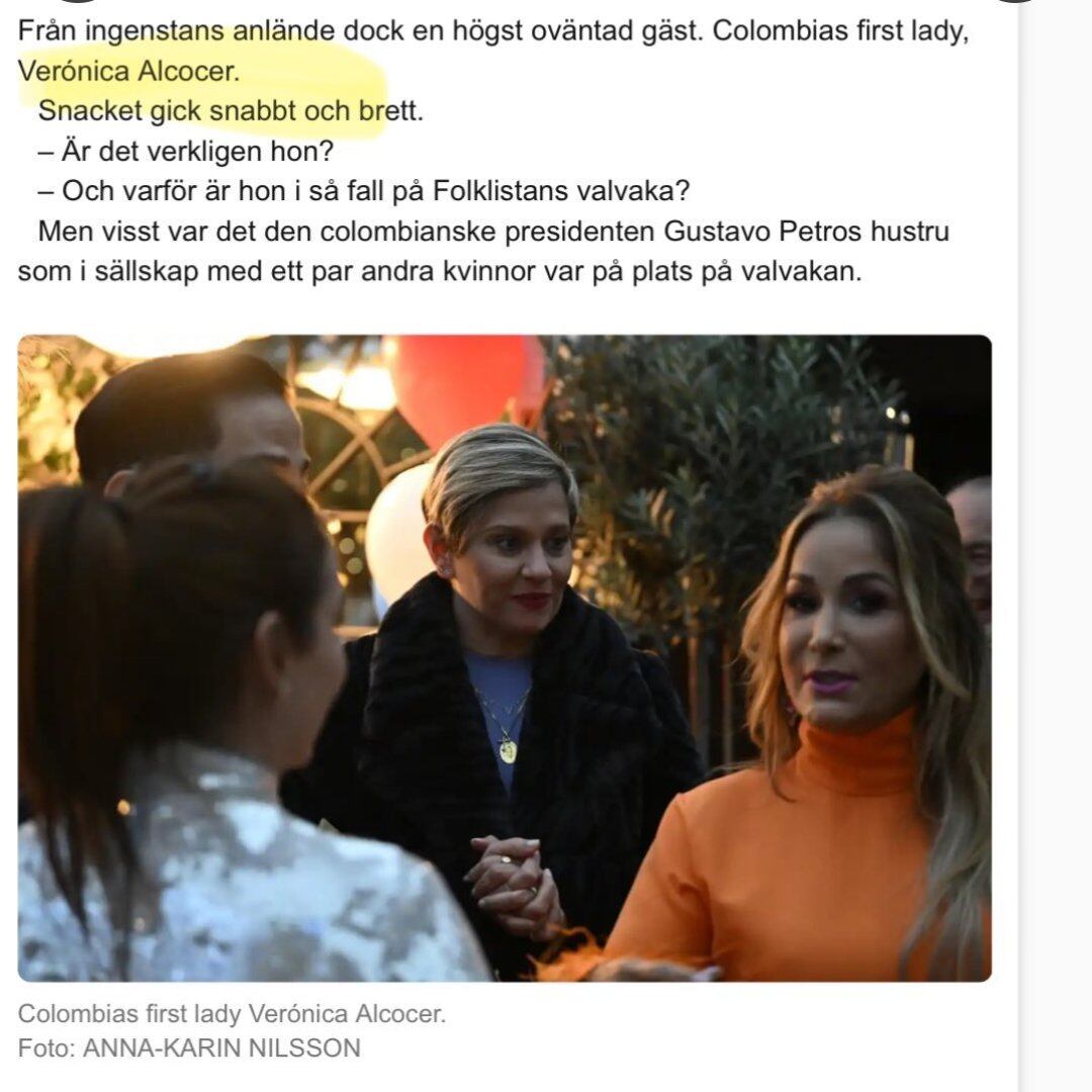 Durante la visita oficial del presidente Gustavo Petro a Europa, la atención mediática se centró en su esposa, Verónica Alcocer, que fue vista en un evento político en Suecia sin estar en la lista de invitados, según informó el medio Expressen - crédito redes sociales