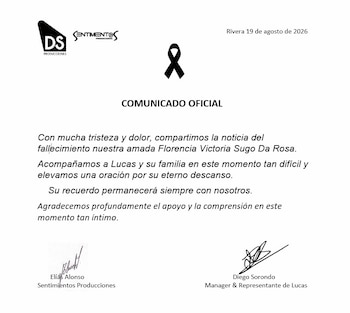 Documento con un comunicado oficial, logos de Sentimientos Producciones y DS Producciones, un lazo negro, dos firmas y texto sobre un fallecimiento
