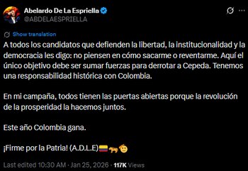 Abelardo de la Espriella llamó a la unidad para enfrentar a Iván Cepeda - crédito @ABDELAESPRIELLA