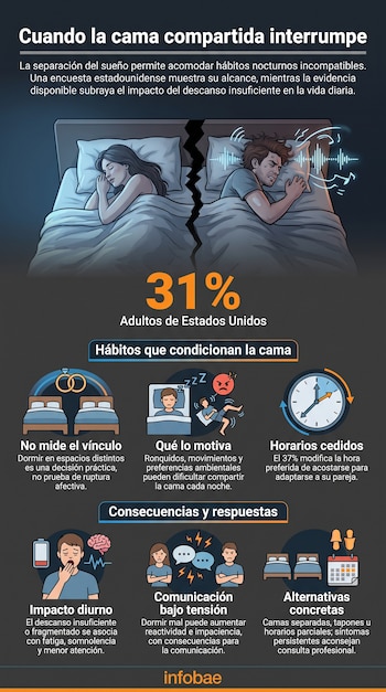 Ilustración de una pareja en una cama dividida, la cifra del 31 por ciento e íconos informativos sobre los hábitos nocturnos.