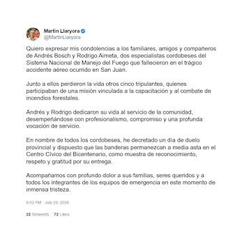 El mensaje de Llaryora en redes sociales