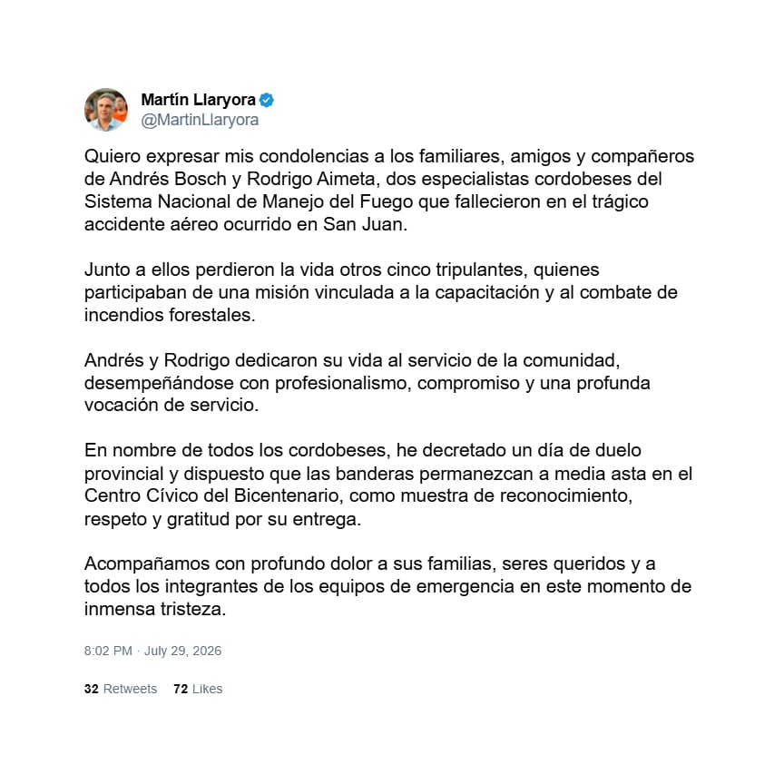 El mensaje de Llaryora en redes sociales
