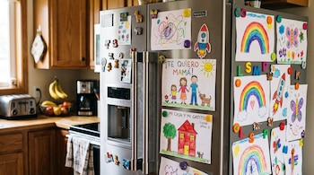 Un refrigerador gris con imanes y dibujos hechos por niños con lápices de colores que incluyen casas, familias y arcoíris.