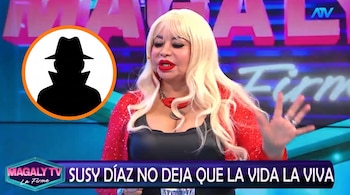 Mujer con cabello rubio, top rojo y labios rojos; fondo con logos de televisión; en la izquierda, un círculo con silueta negra de hombre de incógnito.