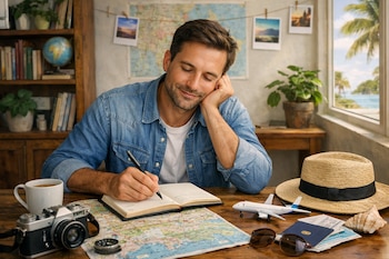 Un hombre sentado a un escritorio con un mapa, una taza, una cámara, un cuaderno abierto, un bolígrafo, un avión de juguete y un pasaporte.