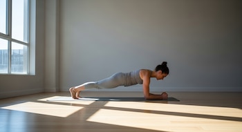 Mujer con top y mallas grises realiza una plancha sobre una colchoneta oscura en un estudio con paredes blancas, suelo de madera y una gran ventana.