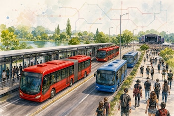 Buses articulados rojos y buses azules circulan junto a una estación y una acera llena de personas al lado de un parque.