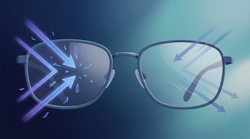 Lentes de montura gris vistos de frente. Cristal izquierdo con rayos de luz azul y violeta dispersos. Cristal derecho con rayos de luz azul atenuados. Fondo degradado azul.