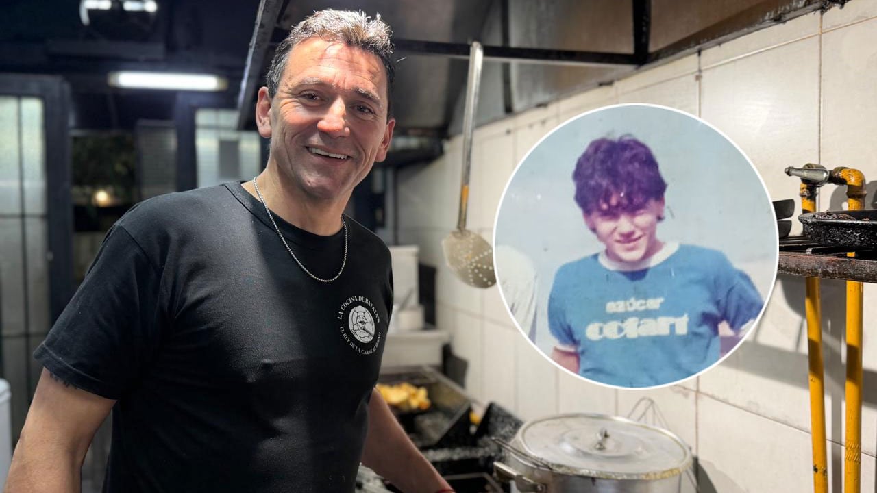 Espósito, en La cocina de Batata's, y su imagen cuando era futbolista de All Boys