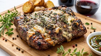 Una tapa de asado con queso gratinado, romero y orégano sobre una tabla de madera, con papas, granos de pimienta, un vaso de vino y un cuenco de salsa.