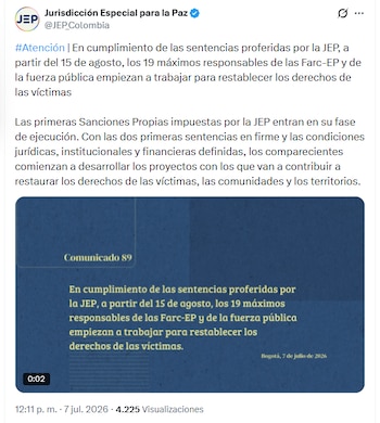 La JEP enfatizó que los trabajos restaurativos de las sanciones incluyen infraestructura, proyectos productivos, desminado humanitario, búsqueda de desaparecidos y fortalecimiento comunitario - crédito JEP/X