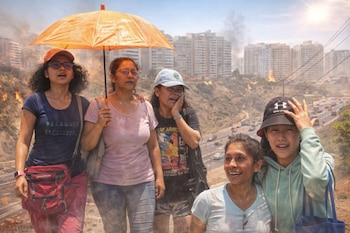 Cinco mujeres, una con paraguas naranja, sudorosas, en un entorno urbano con edificios y autopista. Focos de incendio y humo son visibles en la ladera.