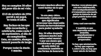 Tres placas con fondo negro y texto en blanco en español distribuido en varios párrafos