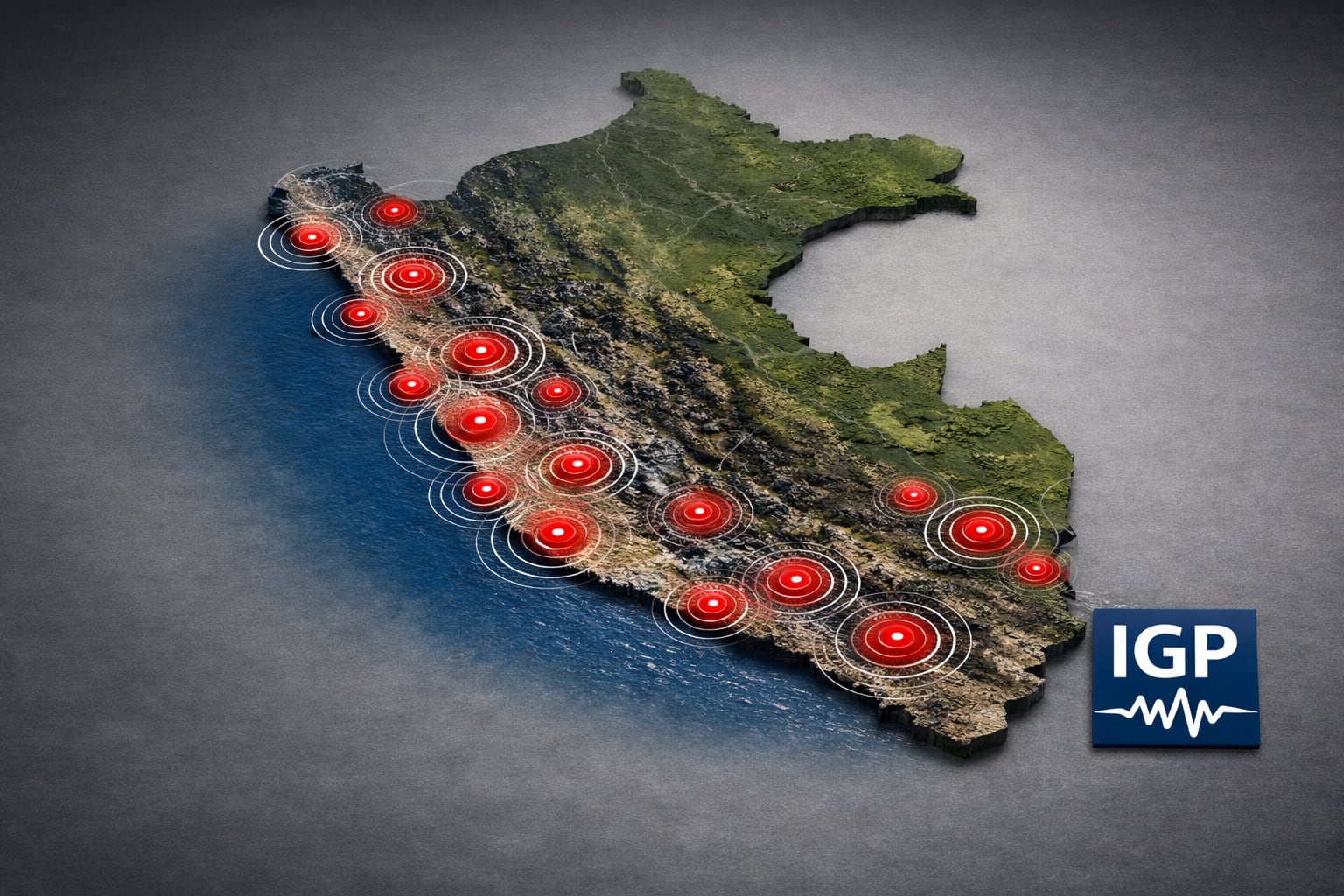 Un mapa editorial conceptual del Perú muestra epicentros sísmicos recientes con círculos rojos y ondas concéntricas, destacando la actividad geológica del país bajo la supervisión del Instituto Geofísico del Perú (IGP). (Imagen Ilustrativa Infobae)