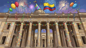 Fachada festiva con luces, globos, confeti, serpentinas, fuegos artificiales. Gorro de fiesta en la cúpula y bandera colombiana.