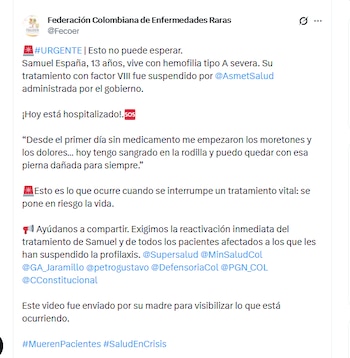 La Federación Colombiana de Enfermedades Raras pidió ayuda para niño con hemofilia que no ha podido acceder a su medicamento - crédito @Fecoer/X