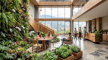 Vestíbulo iluminado con un jardín vertical a la izquierda, plantas en maceteros de madera, una recepción y ventanales al fondo.