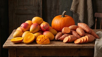 Montón de mangos enteros, medio mango, mango cortado en dados, calabaza naranja, batatas enteras, batatas cortadas en rodajas y mitades en mesa de madera.