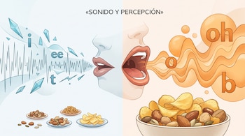 Dibujo dividido en azul y naranja con dos bocas emitiendo fonemas, ondas sonoras, platitos y un tazón grande con papas fritas y frutos secos.