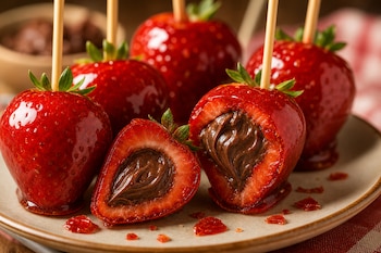 Fresas cubiertas de caramelo en brochetas de madera sobre un plato, con una pieza cortada por la mitad con relleno de crema de chocolate.