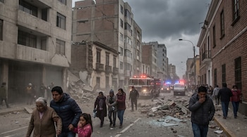 Calle urbana con edificios dañados por sismo, escombros, personas evacuando y camiones de bomberos con luces encendidas bajo un cielo gris y con polvo.