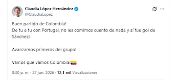 La exalcaldesa Claudia López Hernández aseguró que el gol de Dávinson Sánchez no debió ser anulado - crédito @ClaudiaLopez/X