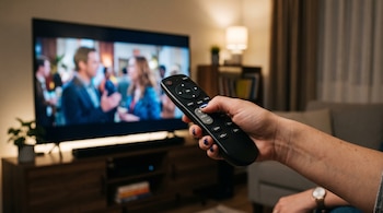 Primer plano de una mano que sostiene un control remoto negro y presiona un botón frente a una pantalla de televisor encendida.