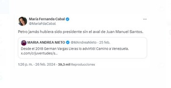 María Fernanda Cabal desató polémica al señalar a Juan Manuel Santos como responsable del ascenso de Gustavo Petro - crédito @MariaFdaCabal/X