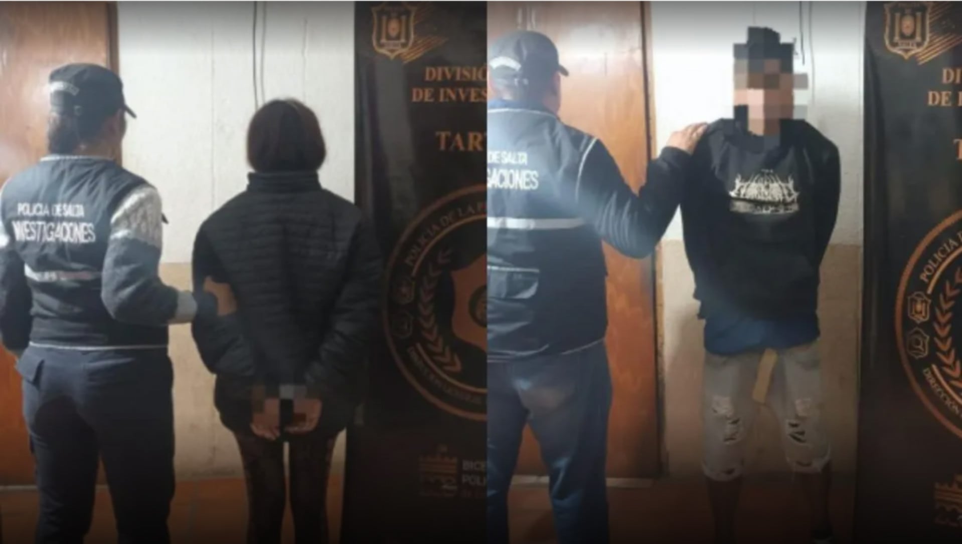 Dos individuos fueron arrestados por la Policía de Salta, sospechosos de participar en un robo, y son escoltados por agentes de investigación. (Que Pasa Salta)