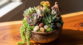 Primer plano de un arreglo de suculentas en una maceta de cerámica con diseño, musgo, piedras pulidas y una casita en miniatura sobre madera clara bajo luz solar.
