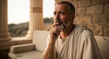 Hombre de mediana edad con barba gris y túnica clara, sentado en un banco de piedra, con la mano en la barbilla y mirada pensativa, rodeado de columnas antiguas.