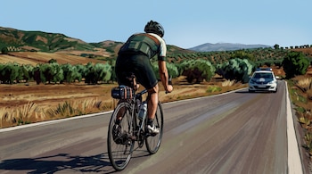 Ilustración de un ciclista visto desde atrás en una carretera rural con un coche de frente, árboles y colinas al fondo.