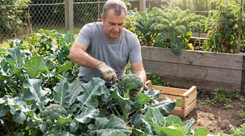 Un hombre con guantes y camiseta gris corta un brócoli con un cuchillo en un huerto con varias plantas y una caja de madera.