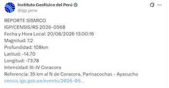 El epicentro tuvo como epicentro la ciudad de Coracora en Ayacucho - Créditos: @igp_peru.