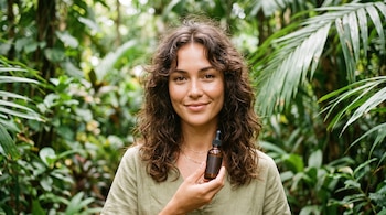 Mujer de cabello ondulado que sostiene un pequeño frasco de vidrio oscuro con cuentagotas rodeada de vegetación tropical verde.