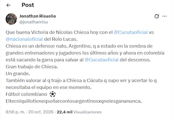 Post de Jonathan Risueño criticando a Lucas González tras la derrota de Nacional contra Cúcuta Deportivo - crédito X