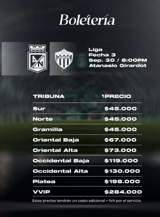 Aún quedan boletas para entrar al estadio Atanasio Girardot a ver el partido entre Atlético Nacional y Junior de Barranquilla, estas son las disponibles y sus precios - crédito @nacionaloficial/Instagram