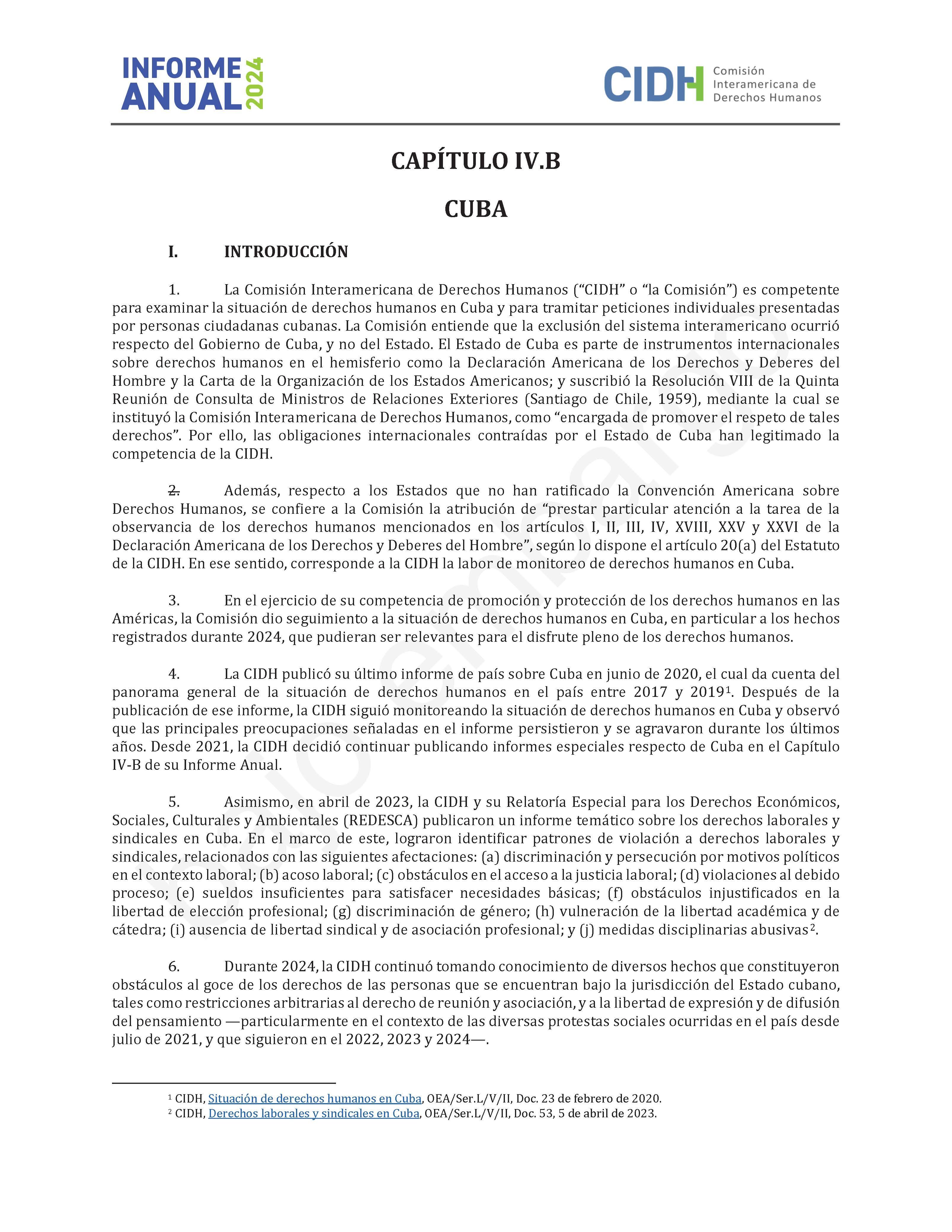Facsímil del informe de la CIDH que describe las sistemáticas violaciones a los derechos humanos cometidas por la dictadura cubana