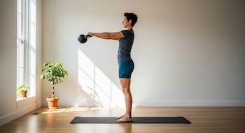 Una mujer de perfil con cabello corto, viste camiseta gris y pantalones cortos turquesa, de pie en una colchoneta negra, sosteniendo una pesa rusa. Fondo blanco con ventana.