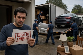 Un hombre sostiene un papel con un aviso de embargo frente a trabajadores que cargan muebles en un camión y un auto sobre una grúa.