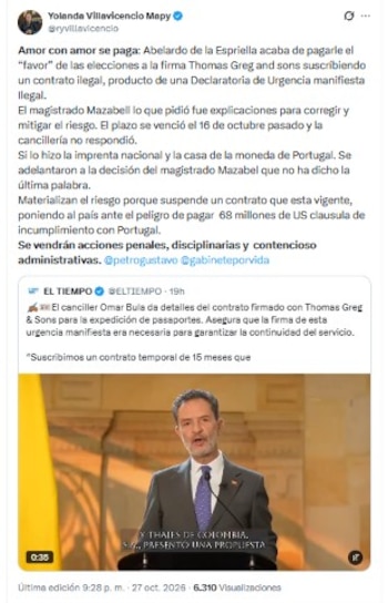 Villavicencio anunció acciones legales en el mensaje que compartió vía X la noche del martes 27 de octubre de 2026 - crédito @ryvillavicencio/X