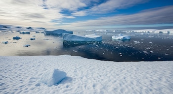 Un paisaje antártico muestra hielo compacto en primer plano, un océano oscuro con múltiples icebergs flotantes y montañas nevadas bajo un cielo azul con nubes grises.
