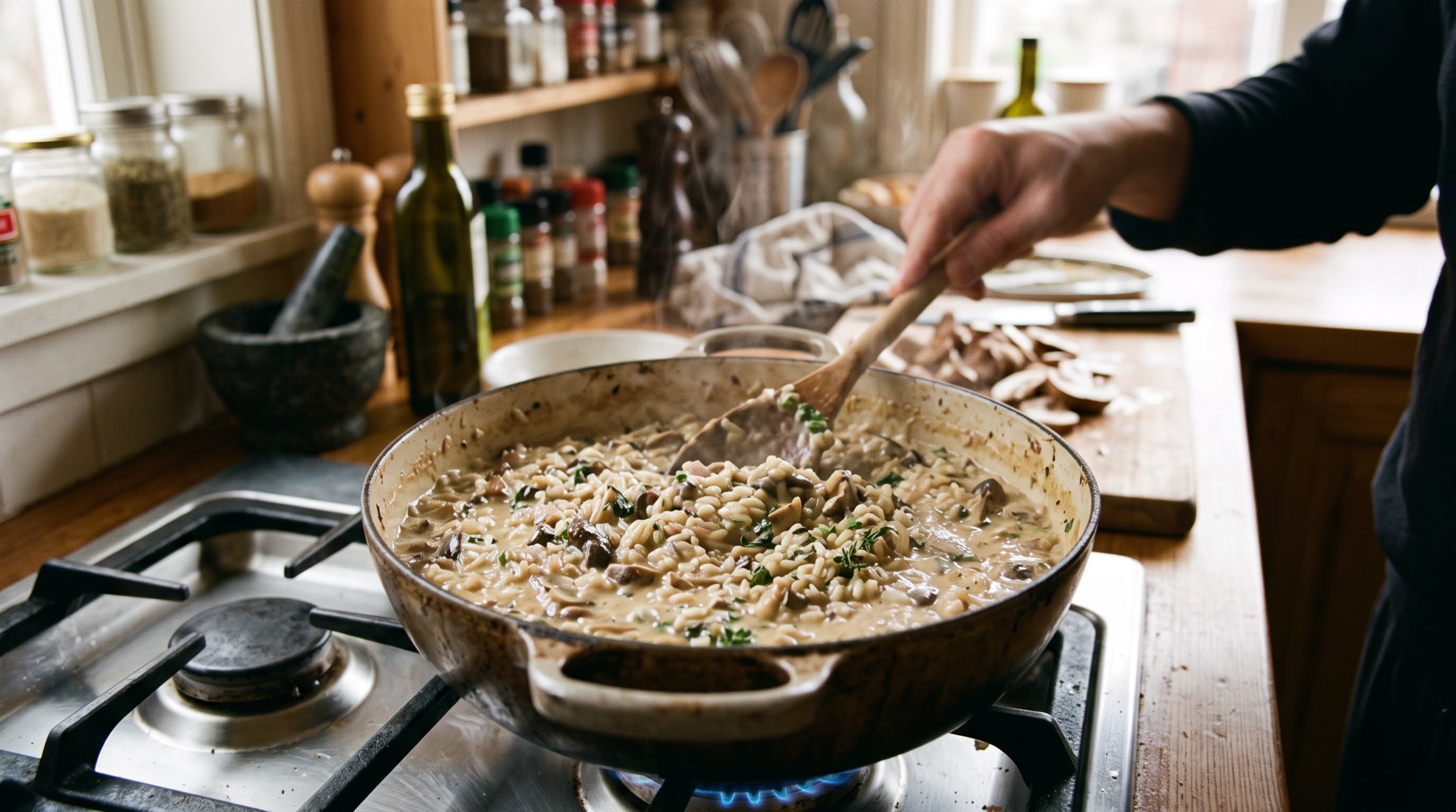 Risotto cremoso de champiñones con arroz arborio, caldo de verduras, vino blanco y queso rallado (Imagen Ilustrativa Infobae)
