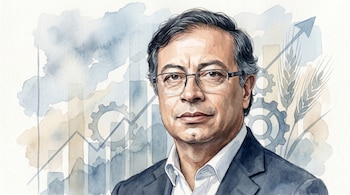 Retrato en acuarela del presidente colombiano Gustavo Petro, de frente, con traje oscuro sin corbata y gafas. Fondo abstracto con líneas ascendentes, engranajes y espigas de trigo.