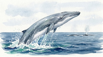 Ilustración de una ballena de aleta gris con vientre blanco saltando fuera del agua, con salpicaduras, y dos ballenas en el fondo exhalando vapor.