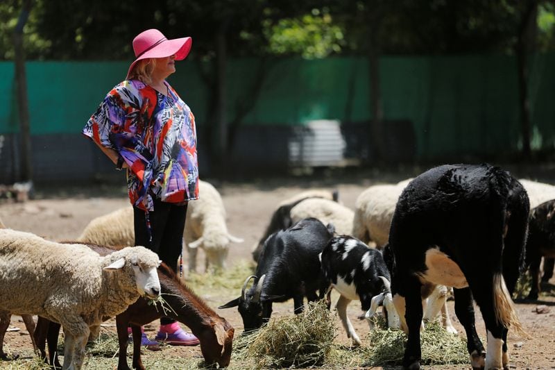 Gabriela Bezeric, rodeada por animales rescatados en su santuario