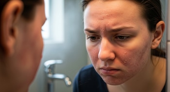 Joven con eczema facial mirándose al espejo en el baño, en primer plano, expresión seria.