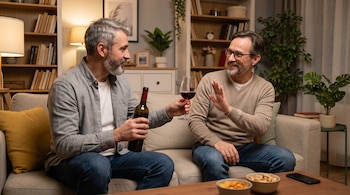 Dos hombres sentados en un sofá, uno sostiene una botella y ofrece una copa de vino mientras el otro levanta la mano para declinarla.